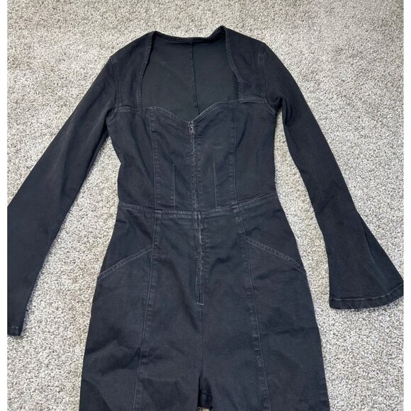 Free People Karly Jumpsuit Night Rider MD Long Sleeve Open Back Flare Leg Denim - Picture 4 of 14